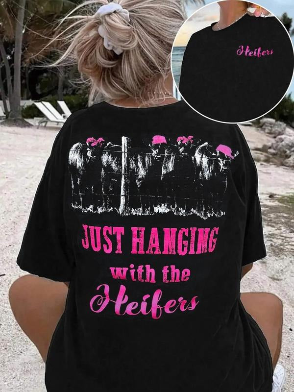 Women's Cow & Letter Print Round Neck Tee, Vintage Trendy Casual Short Sleeve T-shirt for Daily Wear, Ladies All Seasons...