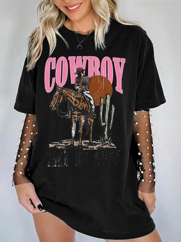 Cowboy & Cactus Print Round Neck Vintage Casual Short Sleeve Daily Summer Top T-Shirts, Hoodie, Sweatshirt