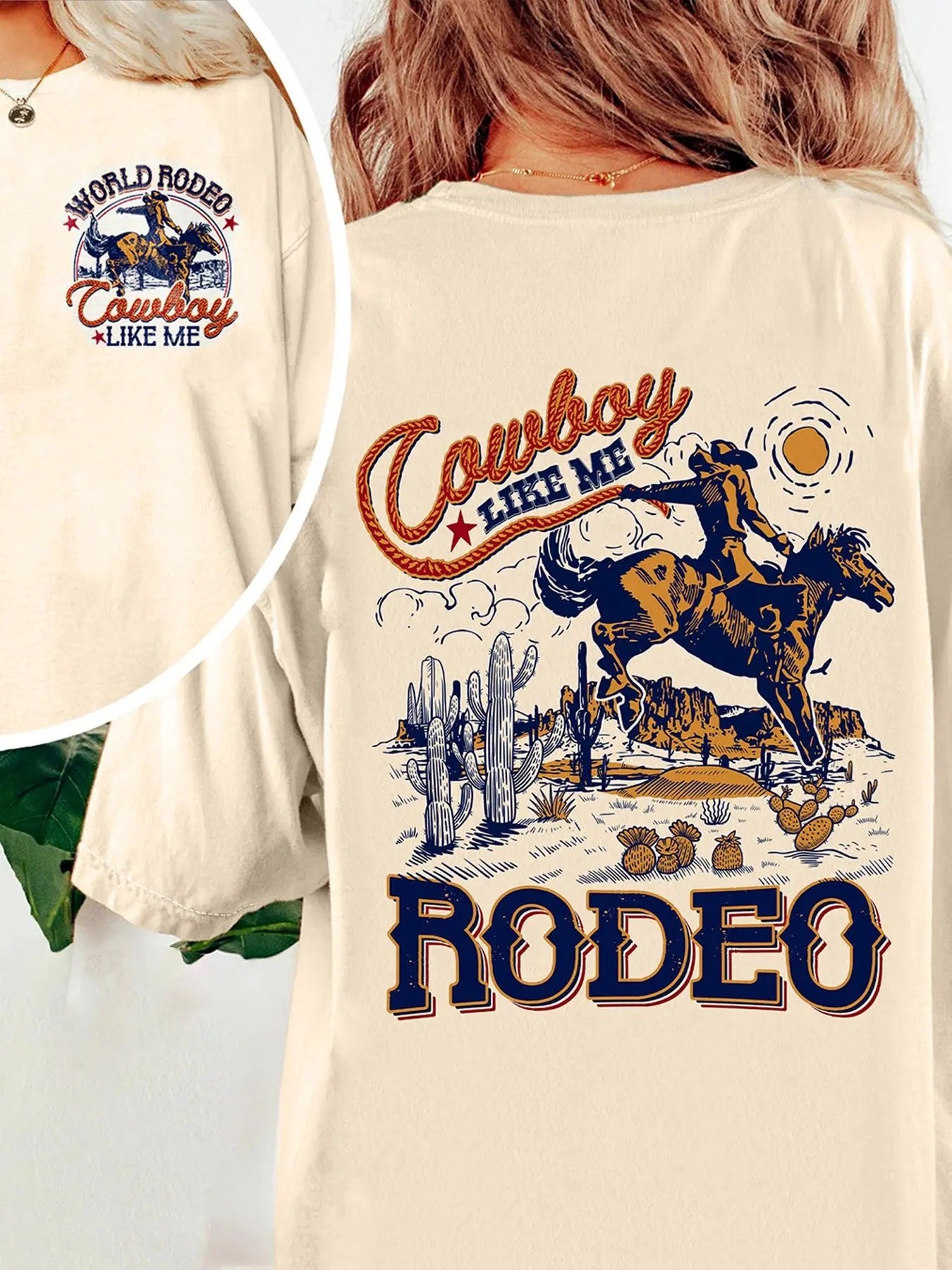 Cowboy & Letter Print Round Neck Vintage Casual Drop Shoulder Short Sleeve Daily All Seasons T-Shirts, Hoodie, Sweatshirt