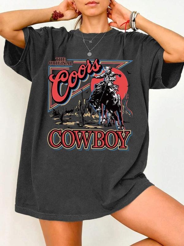Women's Cowboy & Letter Print Round Neck Tee, Vintage Trendy Casual Graphic Short Sleeve T-shirt for Daily Wear, Ladies...