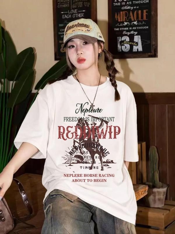 Women's Cowboy Graphic Print Round Neck Tee, Fashion Casual Drop Shoulder Short Sleeve T-shirt for Daily Wear, Ladies...