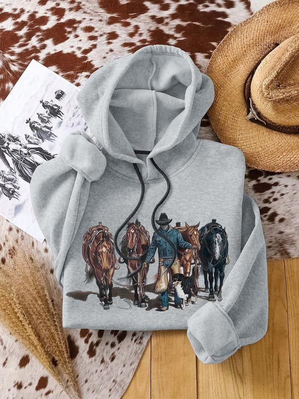 Women's Cowboy Print Hoodie, Casual Long Sleeve Hooded Sweatshirt for Spring & Fall, Fashion Women's Top for Daily Wear...