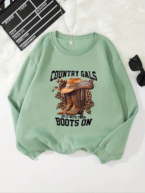 Women's Cowboy Shoes & Letter Print Crew Neck Plush Sweatshirt, Casual Long Sleeve Pullover for Fall & Winter, Women's Clothes for Daily Wear