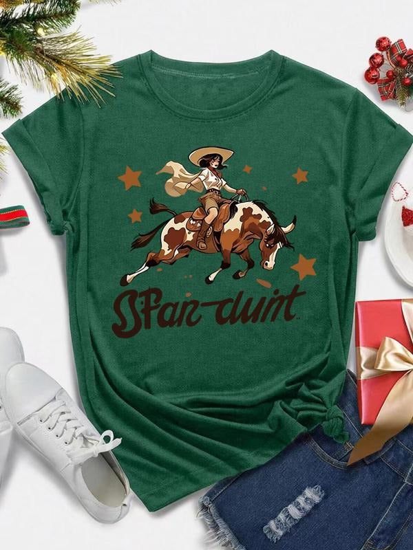 Women's Cowgirl & Letter & Stars Print Round Neck Tee, Trendy Casual Short Sleeve T-Shirt for Daily Wear, Ladies All...