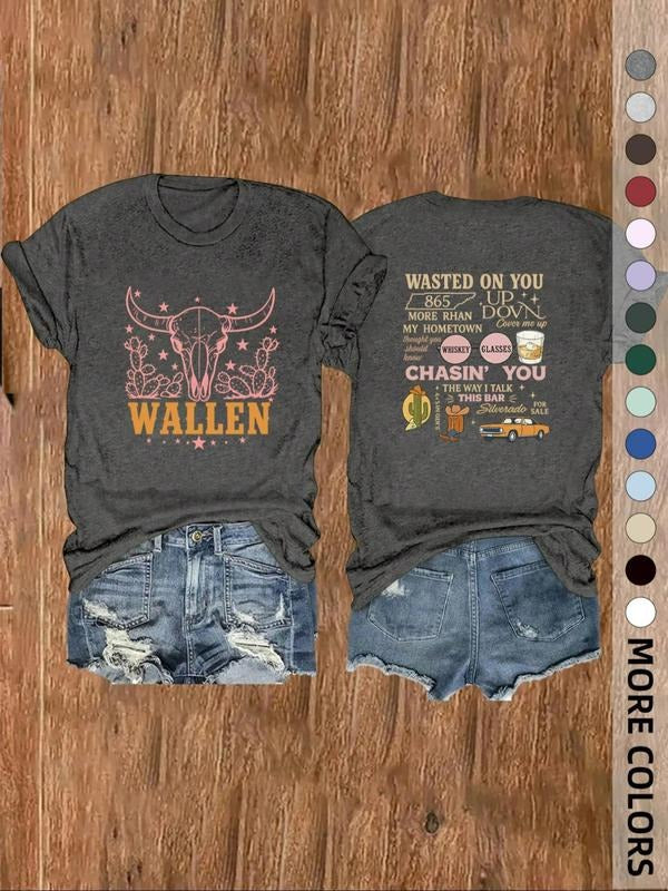 Women's Cowgirl & Letter Print Round Neck Tee, Vintage Trendy Casual Short Sleeve Graphic T-shirt for Daily Wear, Ladies...