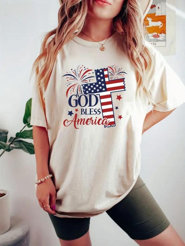 Women's Cross & Fireworks Print Round Neck Tee, Casual Flag Print Short Sleeve T-Shirt for Daily Wear, Ladies Clothes for...