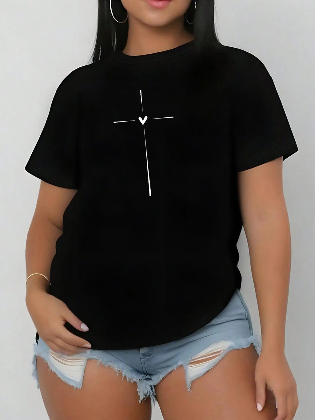 Women's Cross & Heart Print Round Neck Tee, Casual Short Sleeve Crew Neck T-shirt for Daily Wear, Ladies Clothes for All...