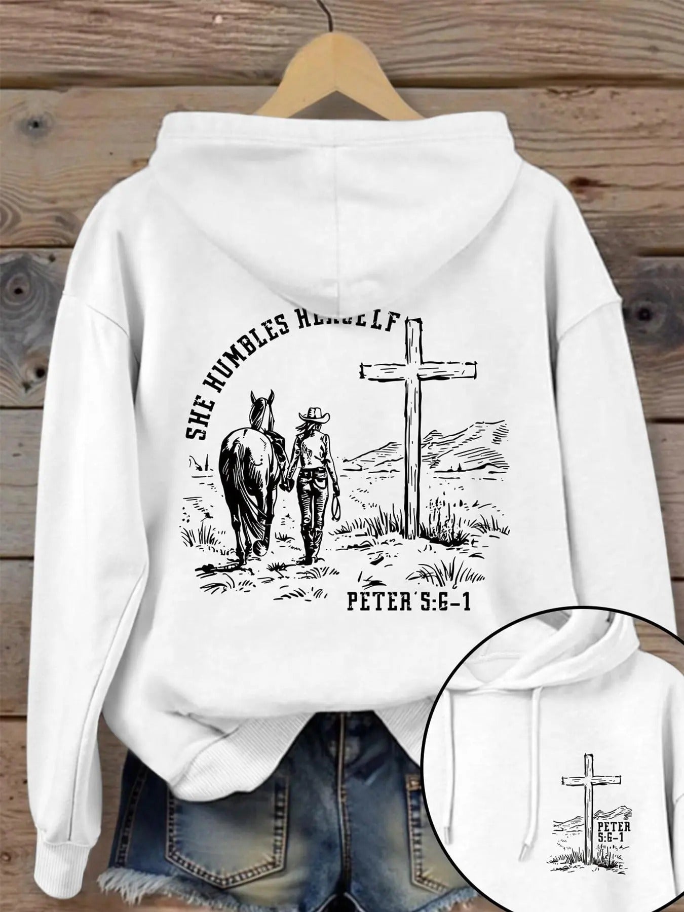 Cross & Horse Print Casual Letter Hooded Daily Outdoor Clothes Spring & Fall Shirt Hoodie Sweatshirt