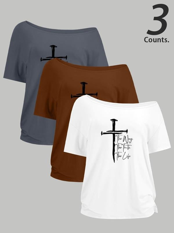 Women's Cross Print One Shoulder Tee, Casual Curved Hem Short Sleeve T-shirt for Daily Wear, Ladies Clothes for All...