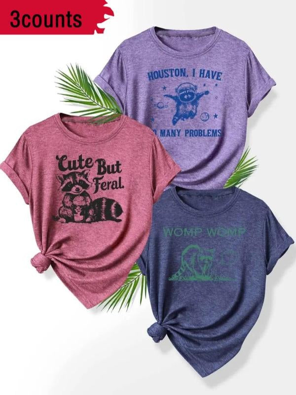 Women's Cute Cartoon Bear Print Round Neck Tee, Casual Short Sleeve T-shirt for Summer, Ladies Clothes for Daily Wear...