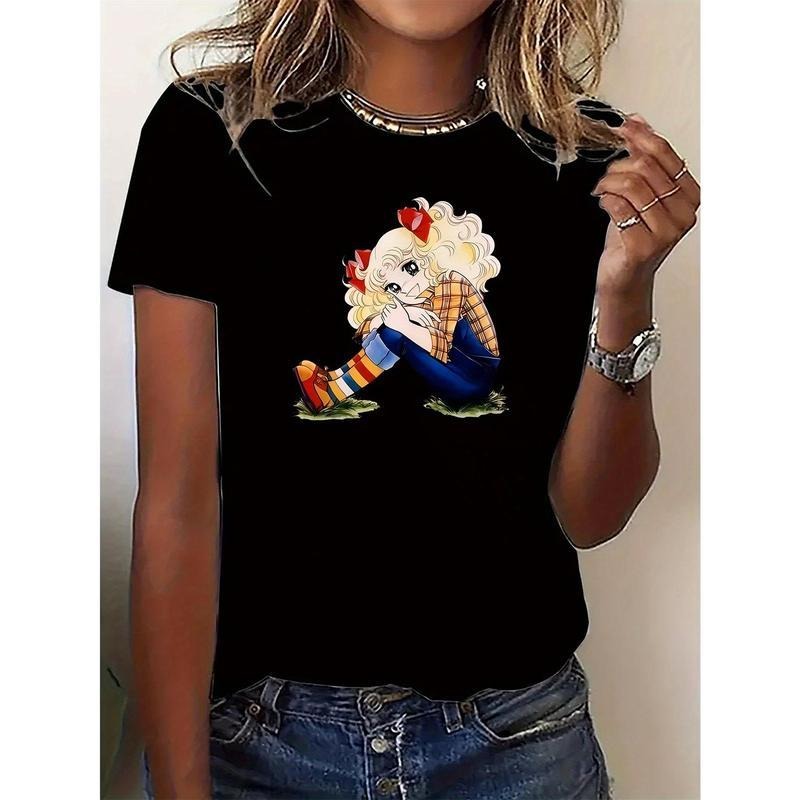 Women's Cute Cartoon Character Print T-Shirt - Casual Sporty All-Season Comfort Black with Blonde Graphic Top Cotton Embroidered Flat Love Printed Sweatshirt Crewneck Fitted Short Sleeve