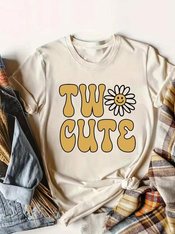 Women's Daisy & Letter Print Round Neck Tee, Casual Short Sleeve Crew Neck T-shirt for Summer, Fashion Women's Top for...