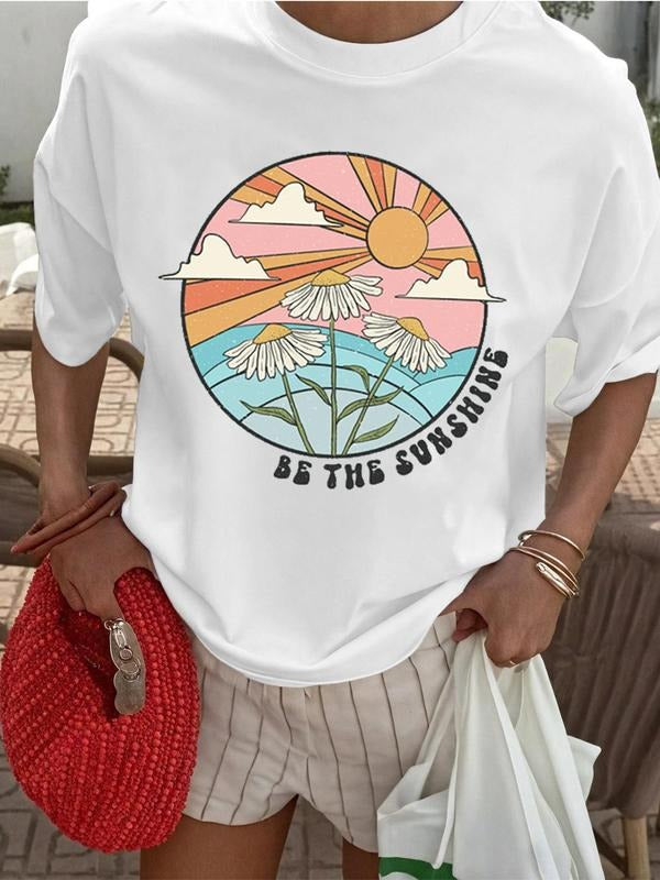 Women's Daisy & Sun Print Round Neck Tee, Trendy Casual Crew Neck T-shirt for Daily Wear, Ladies Summer, Top Hoodie...