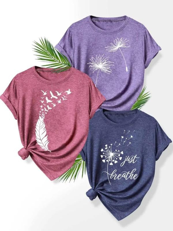 Women's Dandelion & Bird Print Round Neck Tee, Casual Short Sleeve Crew Neck T-shirt for Daily Wear, Ladies Clothes for...