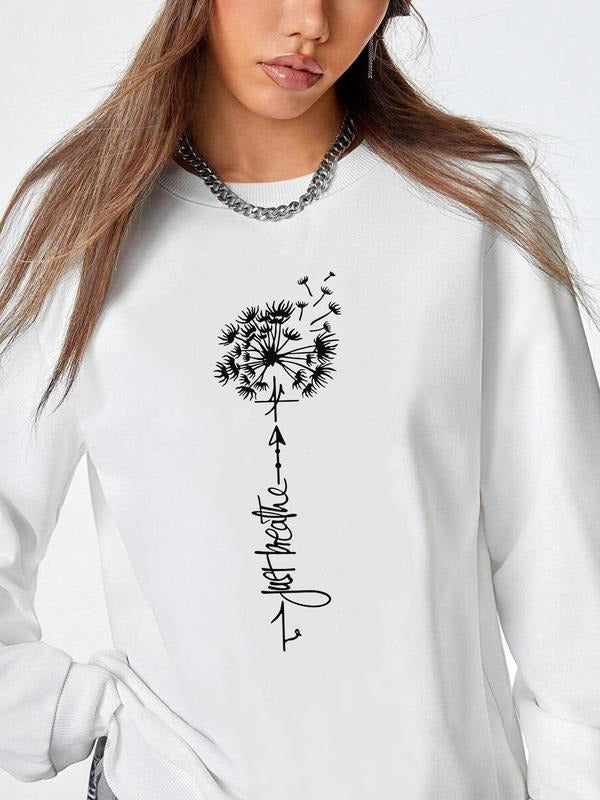 Women's Dandelion & Letter Print Drop Shoulder Sweatshirt, Casual Long Sleeve Round Neck Pullover for Fall & Winter,...