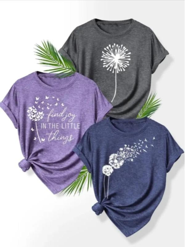 Women's Dandelion & Letter Print Round Neck Tee, Casual Short Sleeve Crew Neck T-shirt for Daily Wear, Ladies Clothes for...