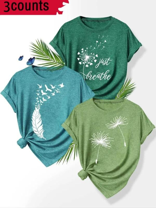 Women's Dandelion & Letter Print Tee, Casual Short Sleeve Crew Neck T-shirt for Summer, Ladies Clothes for Daily Wear,...