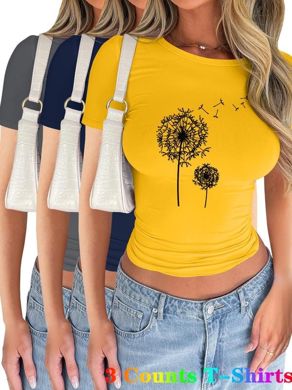 Women's Dandelion Print Short Sleeve Tee, Casual Round Neck T-shirt for Summer, Ladies Clothes for Daily Wear, Top Hoodie...