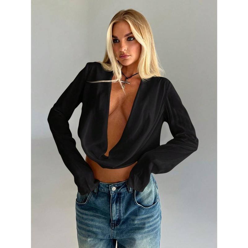 Women's Deep V Neck Draped Crop Blouse Long Sleeve Shirts Going Out Cropped Tops Hoodie Sweatshirt | PrintMintTees.com