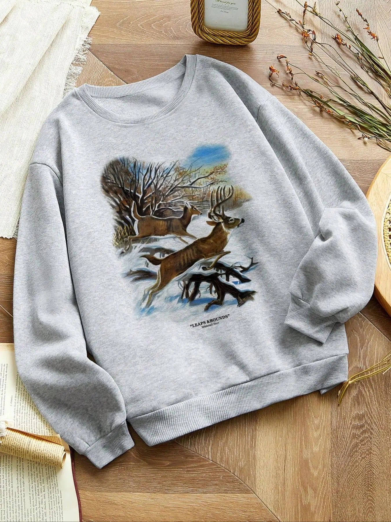 Women's Deer Print Crew Neck Sweatshirt, Casual Long Sleeve Pullover for Daily Wear, Ladies Clothes for All Seasons Shirt...
