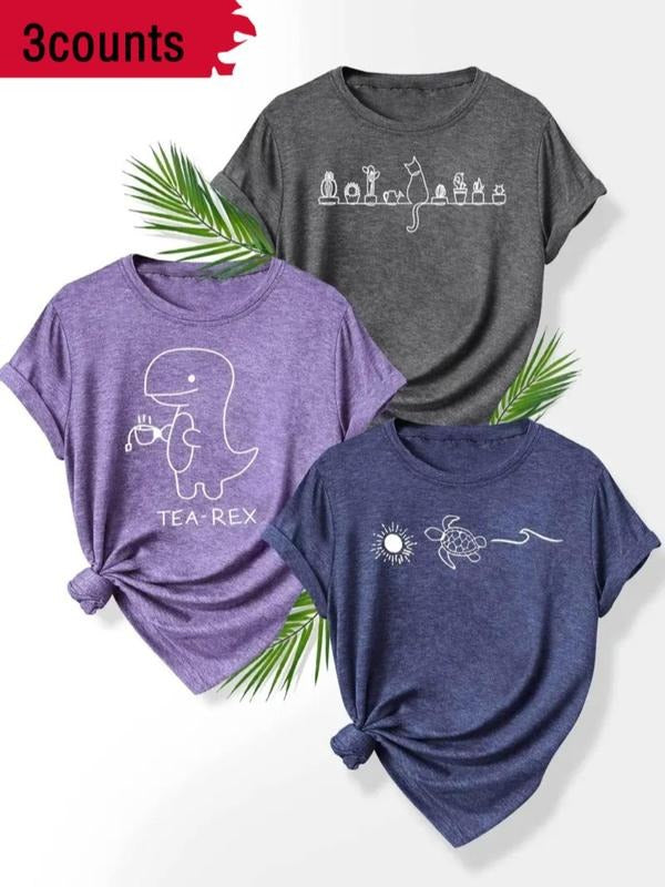 Women's Dinosaur & Cat & Letter Print Round Neck Tee, Casual Short Sleeve T-shirt for Summer, Ladies Clothes for Daily...