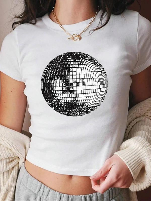 Disco Ball Print Round Neck Crop Casual Short Sleeve Crew Neck Daily Clothes All Seasons T-Shirts, Hoodie, Sweatshirt
