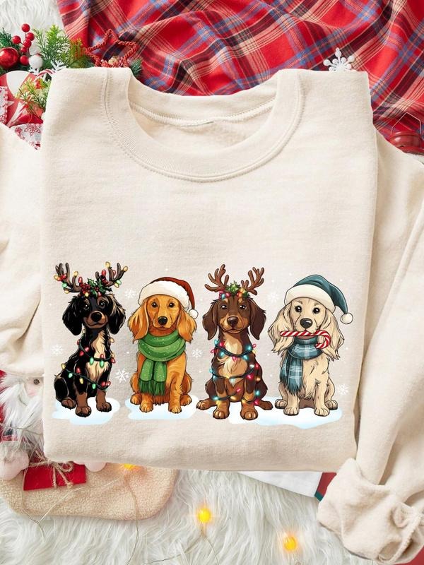 Women's Dog Print Round Neck Sweatshirt, Casual Long Sleeve Crew Neck Pullover for Fall & Winter, Fashion Women's Top for...