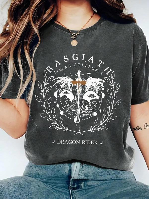 Women's Dragon & Letter Print Round Neck Graphic Tee, Vintage Trendy Casual Figure Graphic Crew Neck T-shirt for Daily...