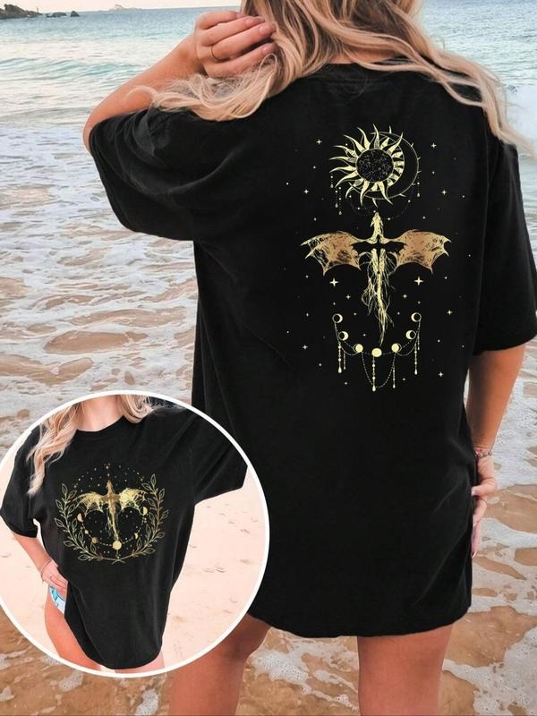 Dragon & Moon Print Round Neck Casual Classy Figure Short Sleeve Summer Clothes Daily T-Shirts, Hoodie, Sweatshirt