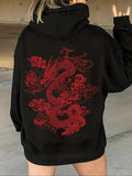 Women's Dragon Print Thermal Lined Drawstring Hoodie, Fashion Casual Pocket Hooded Sweatshirt for Daily Holiday Outdoor Wear, Women Clothing for Fall & Winter