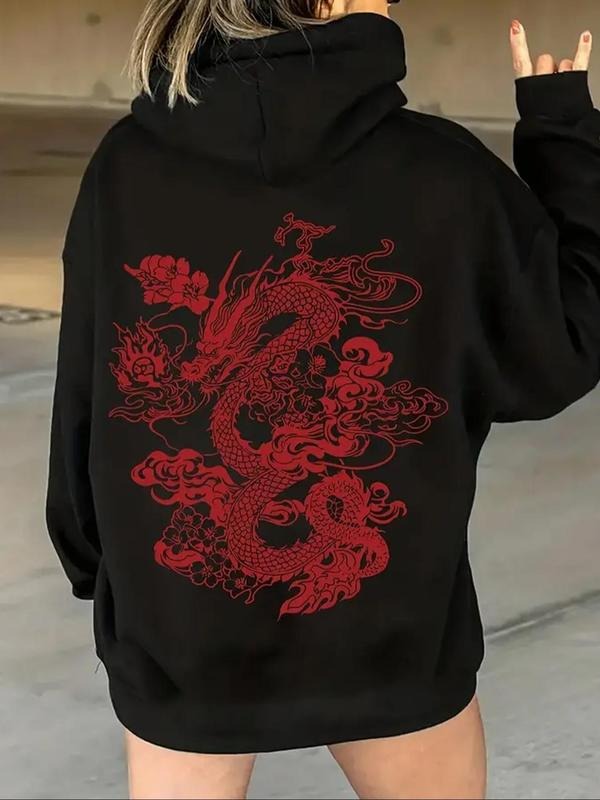 Women's Dragon Print Thermal Lined Drawstring Hoodie, Fashion Casual Pocket Hooded Sweatshirt for Daily Holiday Outdoor Wear, Women Clothing for Fall & Winter