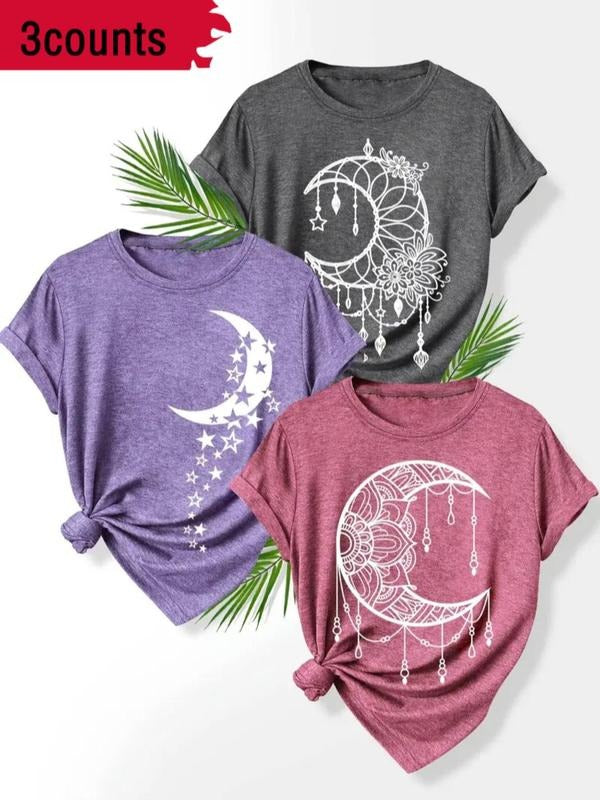 Women's Dream Catcher & Moon Print Round Neck Tee, Casual Short Sleeve T-shirt for Summer, Ladies Clothes for Daily Wear...