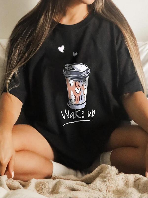 Women's Drink & Letter Print Round Neck Tee, Casual Comfy Graphic Short Sleeve T-shirt for Summer, Fashion Women's Top for Daily Wear