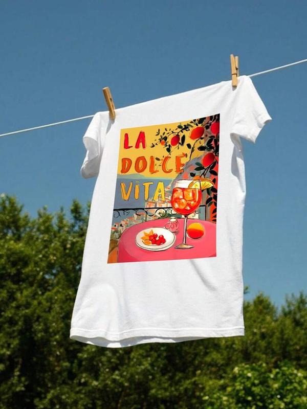 Drink & Letter Print Round Neck Casual Crew Neck Short Sleeve Daily Summer Top T-Shirts, Hoodie, Sweatshirt