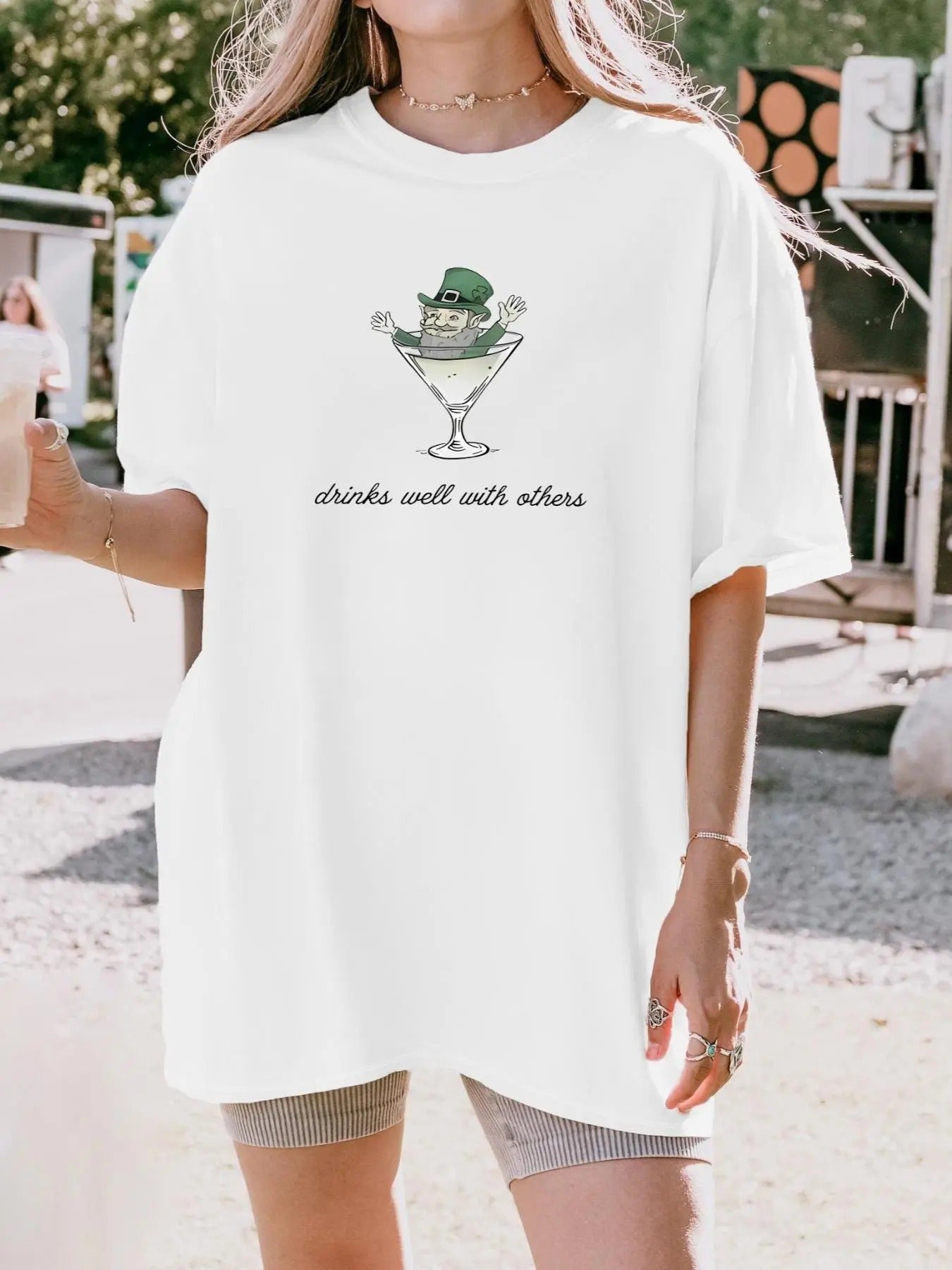 Women's Drinks & Letter Print Round Neck Tee, Casual Half  Sleeve T-shirt for Summer, Women's Top for Daily Wear Hoodie...
