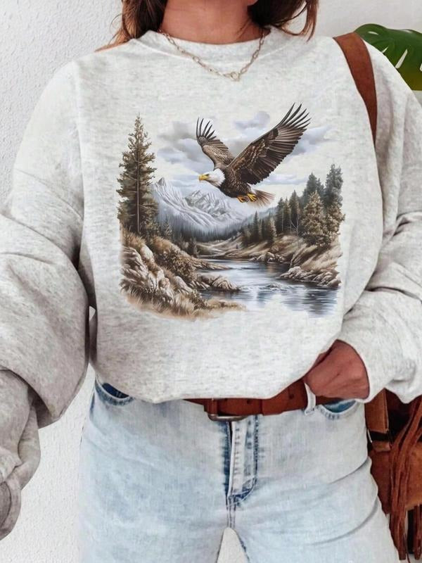 Eagle & Landscape Print Crew Neck Thermal Lined Casual Long Sleeve Fall & Winter Clothes Daily T-Shirts, Hoodie, Sweatshirt
