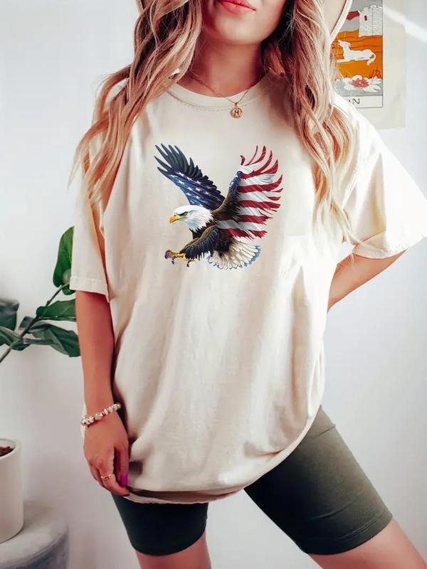 Women's Eagle Print Round Neck Graphic Tee, Casual Letter Graphic Short Sleeve T-Shirt for Daily Wear, Ladies Clothes for...