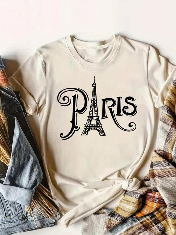 Women's Eiffel Tower & Letter Print Round Neck Tee, Casual Short Sleeve Crew Neck T-shirt for Daily Wear, Ladies Clothes...