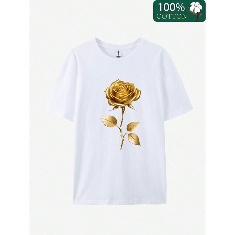 Women's Elegant Casual T-Shirt - Soft, Comfortable,  Golden Rose Print, Short Sleeve Hoodie Sweatshirt | PrintMintTees.com