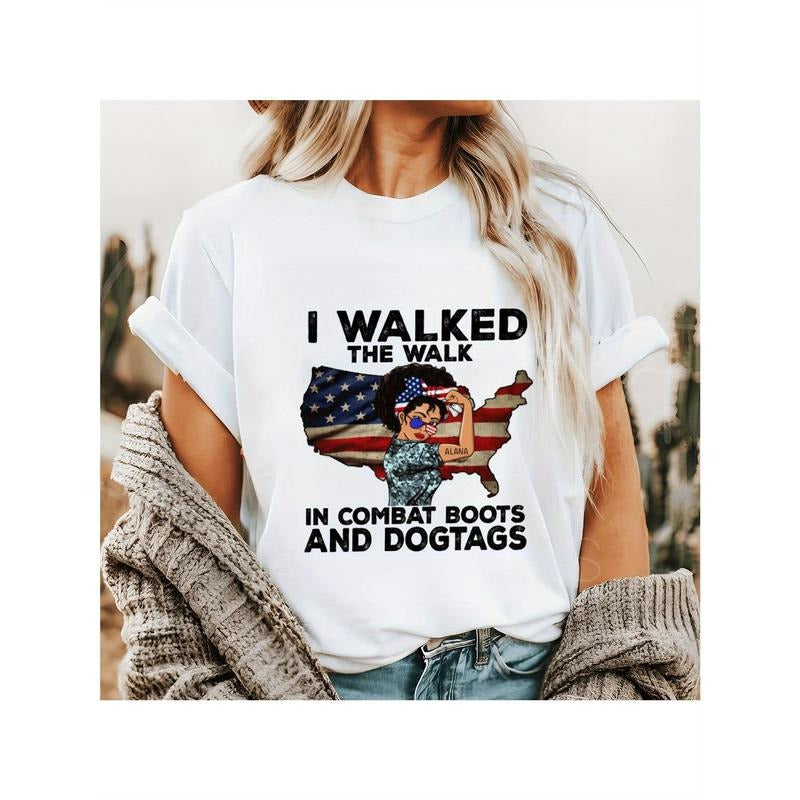 Women's Elegant White T-Shirt, 100% Material, Loose And Comfortable, I'm Wearing Combat Boots And Dog Tags, Walking The...