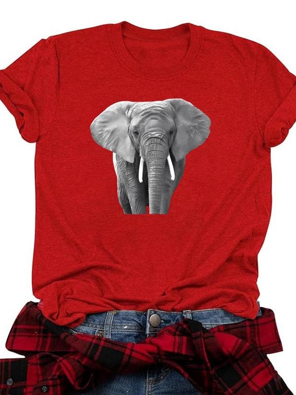 Women's Elephant & Letter Print Round Neck Tee, Casual Short Sleeve Crew Neck T-Shirt for Daily Wear, Ladies Clothes for...