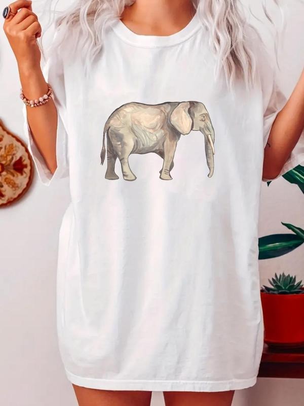 Women's Elephant Print Round Neck Tee, Casual Crew Neck T-shirt for Daily Wear, Ladies Clothes for All Seasons Hoodie...
