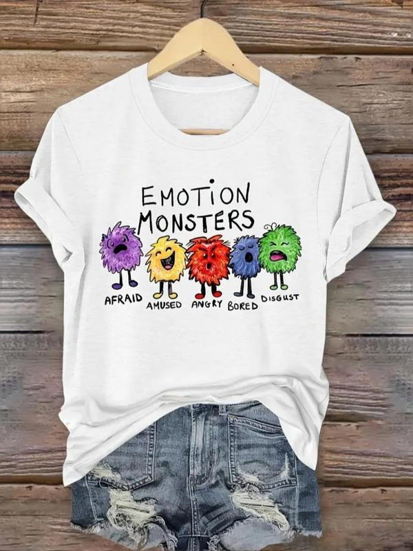 Women's Emotion Monsters Print Round Neck Tee, Fashion Casual Crew Neck T-Shirt for Daily Holiday Vacation Outdoor Wear,...