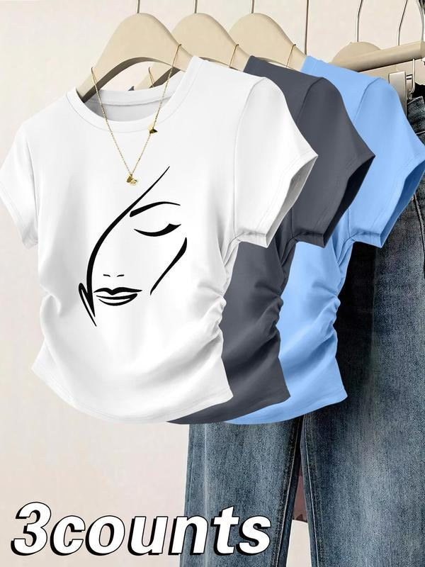 Women's Face Print Round Neck Tee, Casual Short Sleeve T-shirt for Daily Wear, Ladies Clothes for All Seasons, Top Hoodie...
