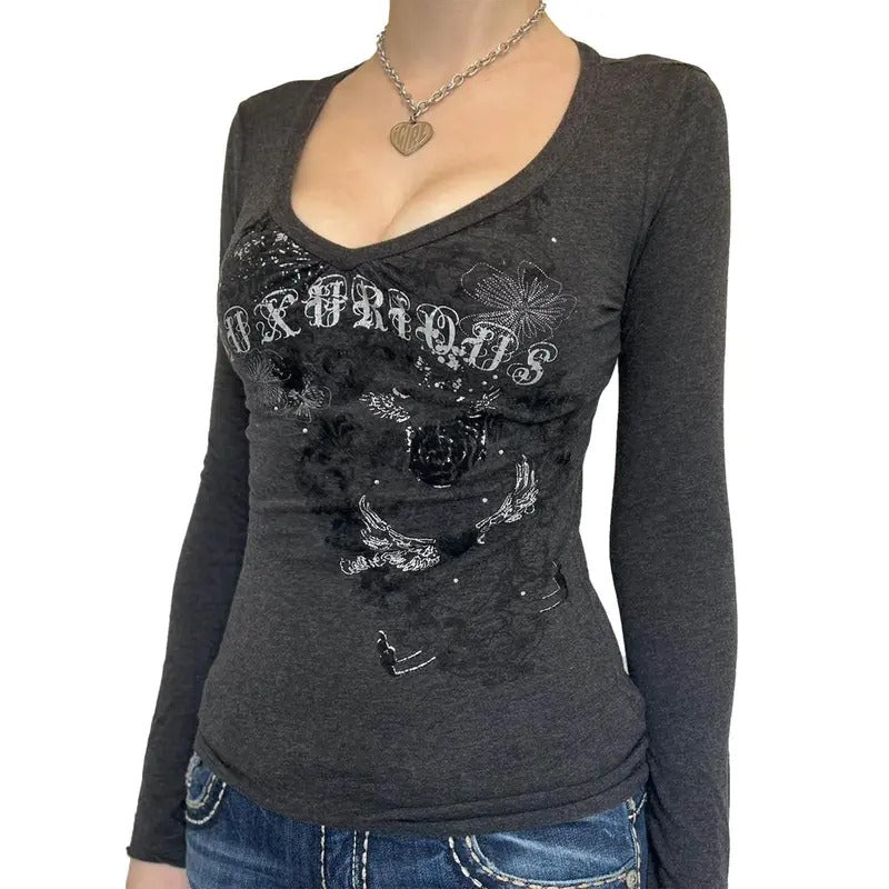 Women's Fairy Grunge Clothes Y2K Long Sleeve Crew Neck Gothic Graphic Crop Tops Vintage Letter Print Skinny Aesthetic...
