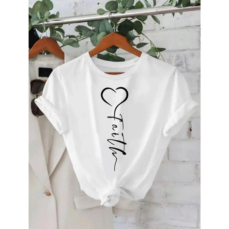 Women's Faith Letter & Heart Cotton T-Shirt - Black with White Print, Loose Fit Round Neck Short Sleeve, Breathable...