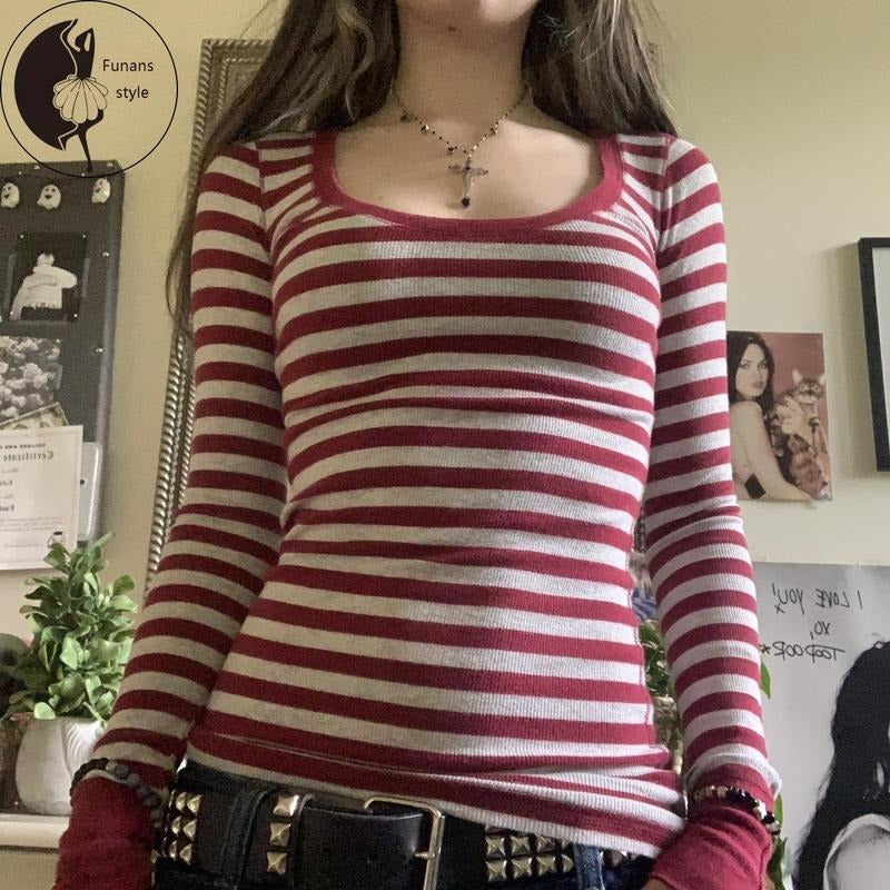 Women's Fall Ribbed Tops Stripe Long Sleeve Scoop Neck Shirt CasualFit Tee Hoodie Sweatshirt | PrintMintTees.com