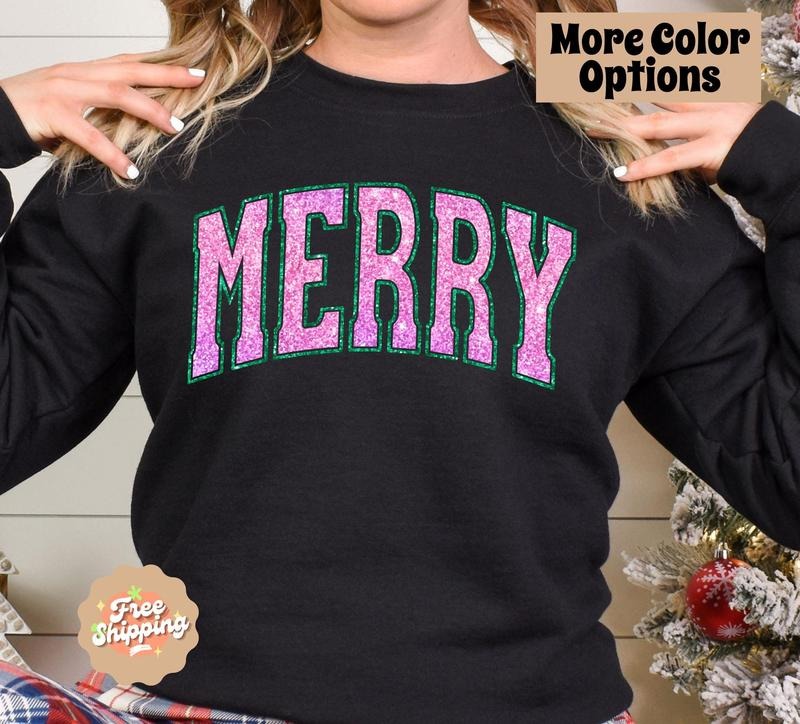 Women's Faux Glitter Merry Crewneck Sweatshirt - Loose Fit Christmas Pullover