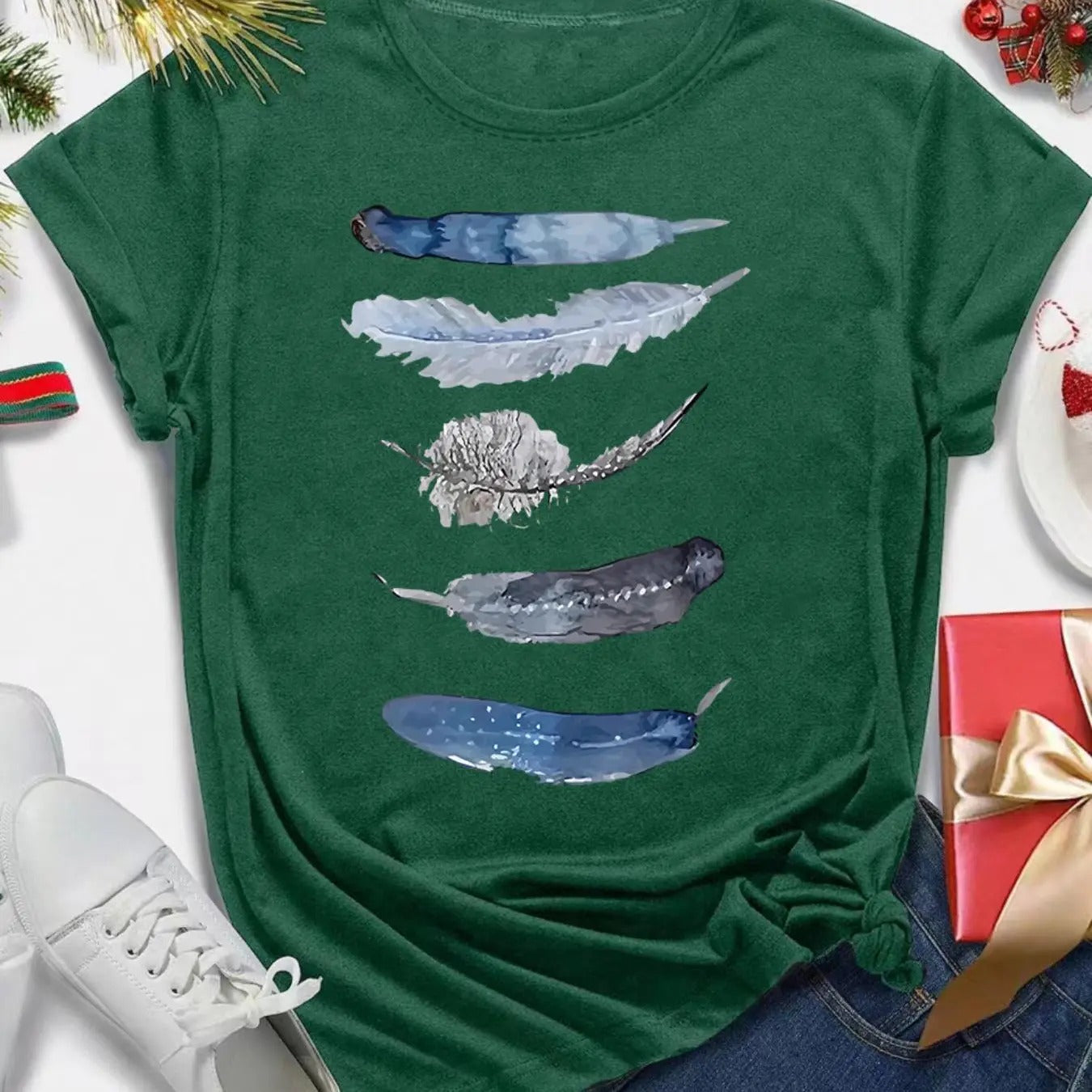 Women's Feather Print Round Neck Tee, Casual Short Sleeve Crew Neck T-Shirt for Daily Wear, Ladies Clothes for All...