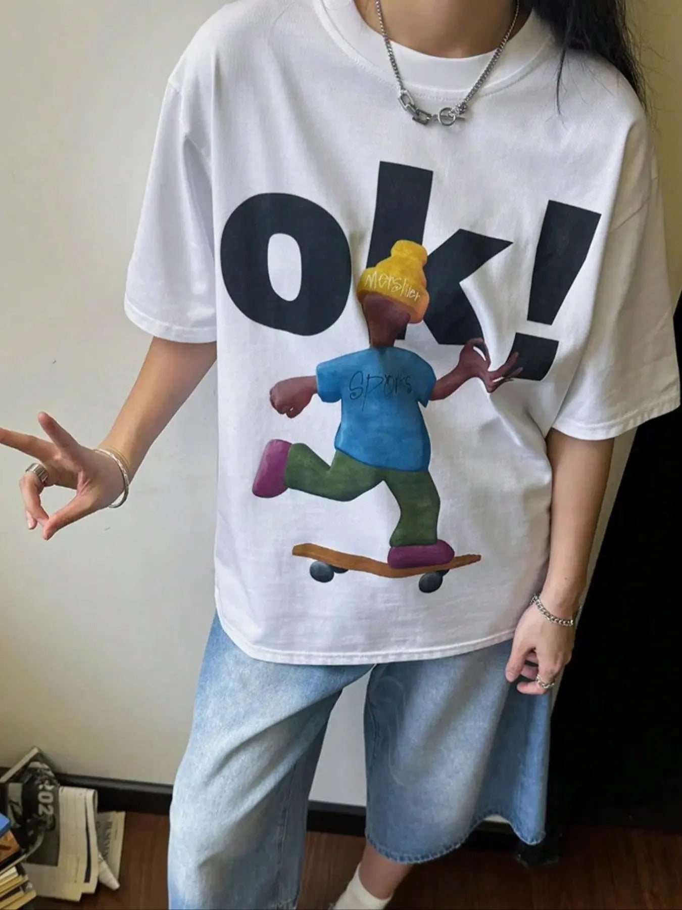 Figure & Letter Print Round Neck Casual Drop Shoulder Short Sleeve Summer Clothes Daily T-Shirts, Hoodie, Sweatshirt